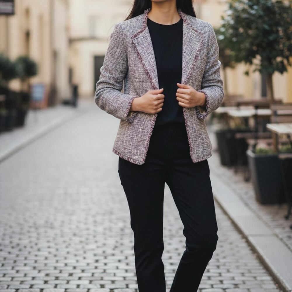 Banana Republic Tweed Open-Front Blazer Jacket | Frayed Fringe Trim | 6